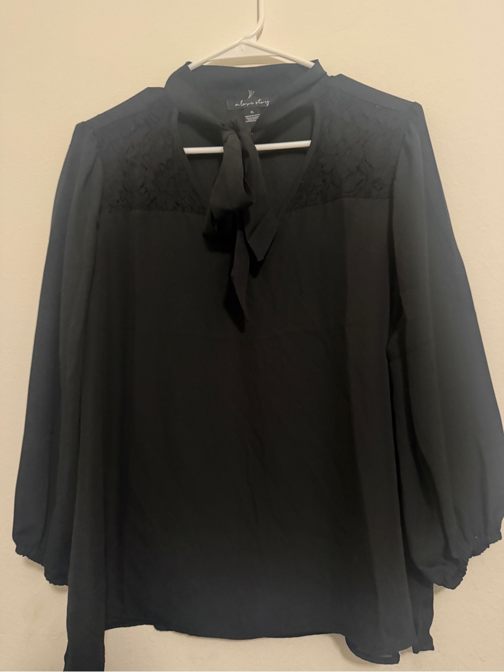 Black Tie-Neck Lace Yoke Blouse - Women